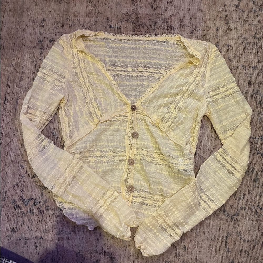 SHEIN Yellow Lace Button-Up Blouse